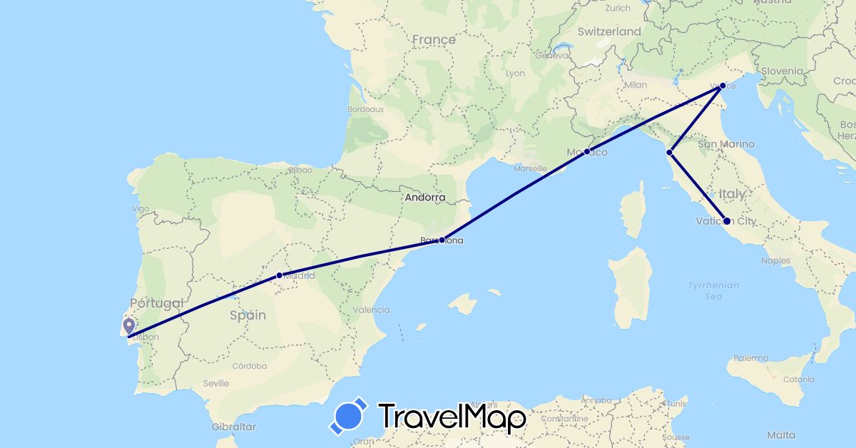 TravelMap itinerary: driving in Spain, Italy, Monaco, Portugal (Europe)